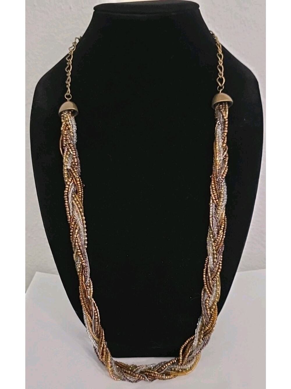 Christopher & Banks Necklace Multistrand Multicolored Beads Braided Bronze Tone